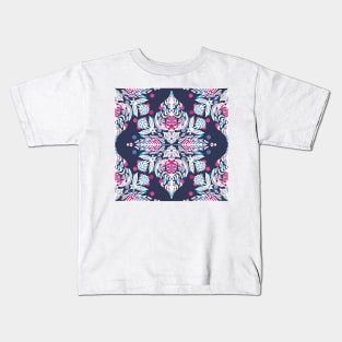 Pastel Folk Art Pattern in soft navy, pink, mauve & white Kids T-Shirt